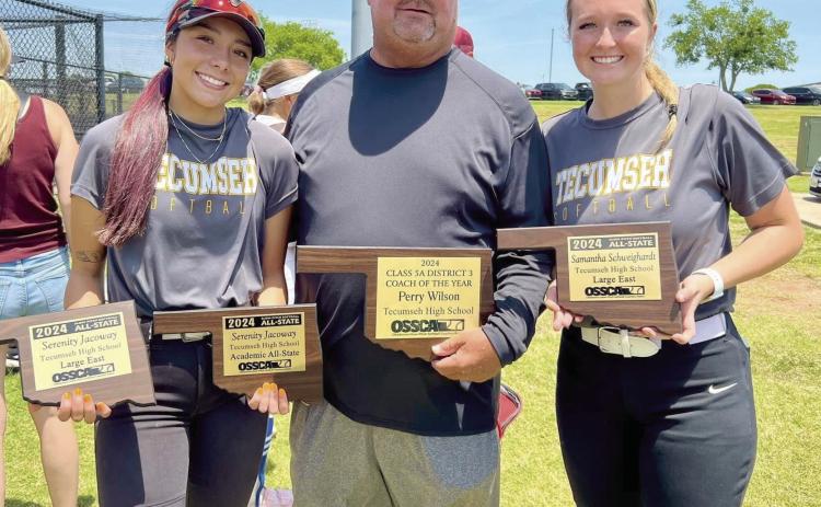 From left Serenity Jacoway, Coach Perry Wilson, Sami Schweighardt pose with their awards from the 2024 All-State games. Photo provided