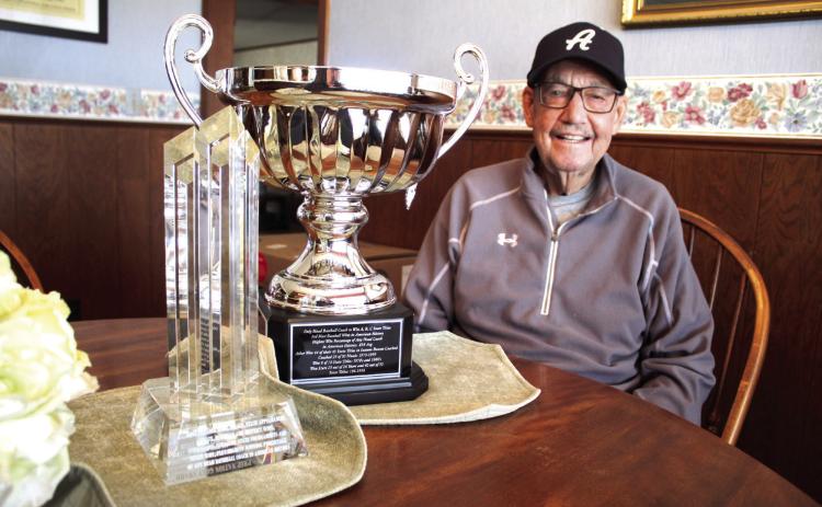 Retired Asher Baseball Coach Murl Bowen was recently one of three honored at a Silo baseball game for being in the top 10 with the most wins nationwide. The other two were his nephews, Billy Jack Bowen and Randy Bowen. The elder Bowen had an all-time record of 2,115-349 from 1959 to 1998. He poses here with his 2023 Prep Nation Lifetime Achievement Award and his Prep Nation GOAT Award. Countywide &amp; Sun/Natasha Dunagan