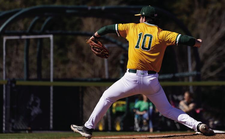 Oklahoma Baptist University’s Nolan Feazle pitched six innings in the loss against East Central University. Feazle allowed one earned run, fanned seven batters and got seven fly-ball outs. OBU lost 3-1. Photo provided by OBU
