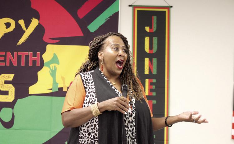During the Dunbar Heights Community Group Juneteenth Celebration, 'An Evening of Legacy &amp; Light,' Anice Young speaks and sings about growing up in the Dunbar Heights neighborhood on June 17 at the Shawnee Communtiy Center. Natasha Dunagan, Countywide &amp; Sun