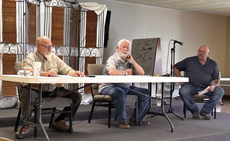Citizens of McLoud held a debate between the candidates for the McLoud City Council Ward 4 seat on Tuesday, Mar. 25 at the First Baptist Church in McLoud. Pictured from left is candidates Thomas (Tom) Morris and Roger White. Benny Milam (far right) moderated the debate. Suzie Campbell, Countywide & Sun
