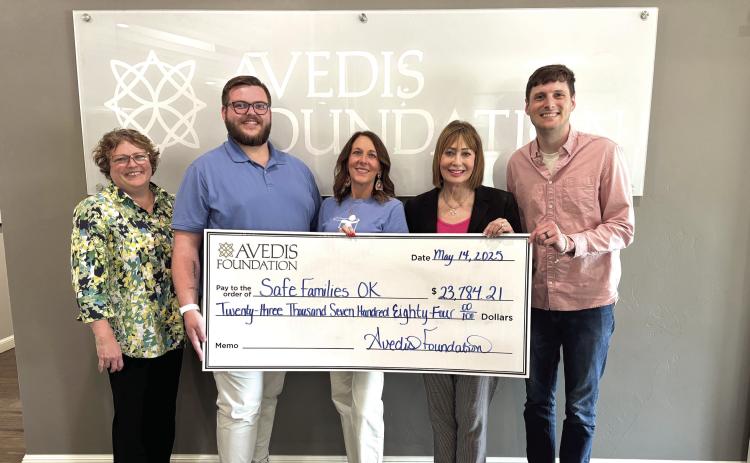 Pictured from left: Tracy Meeuwsen, Program Director-Data Analyst Avedis Foundation; Michael Potter, Shawnee Community Hub Leader; Christy Ausley, Deputy Director Safe Families Oklahoma; Kathy Laster, President &amp; CEO Avedis Foundation; and Zane Winters, Shawnee Community Hub Leader. Photo Provided