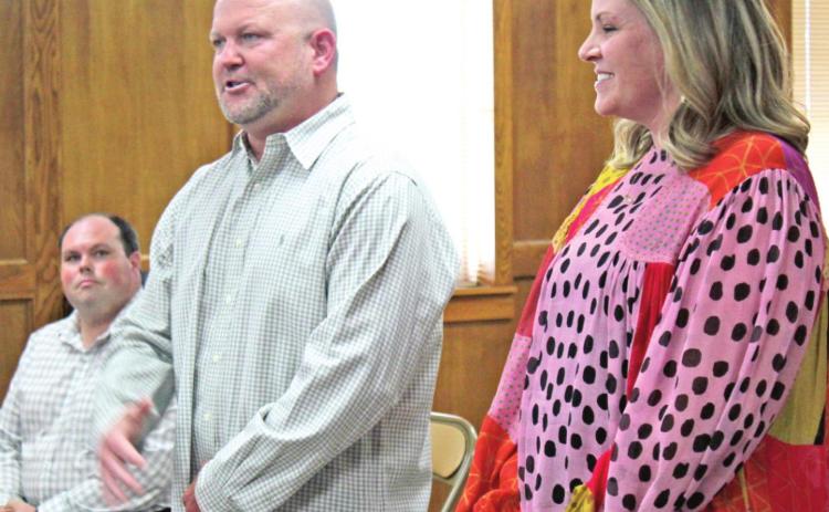 New Shawnee Athletic Director Dax Leone speaks to the Shawnee Board of Education, after he and Assistant Athletic Director Julia Holland were introduced during the June 6 meeting. Countywide &amp; Sun/Natasha Dunagan