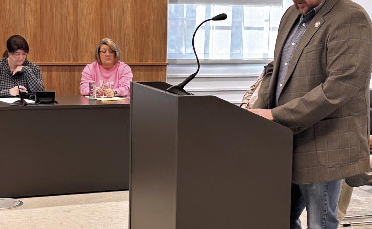 McLoud City Manager Cody Roe addresses the Commissioners, requesting reimbursement for an ARPA-funded project. Suzie Campbell, Countywide &amp; Sun