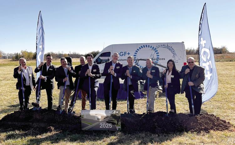 Members of the Georg Fischer company, both local and nationally, gathered in Shawnee Tuesday morning to break ground at the new facility site. It is estimated to be complete near the end of 2025. Tom Bailey, Casey Swanson, Roger Rutherford, Jeff Wright, Grant Rogers, James Jackson, Bryan Lucas, Tom Veeley, Marina Valentine, and Mark Gruber. Countywide &amp; Sun/Suzie Campbell