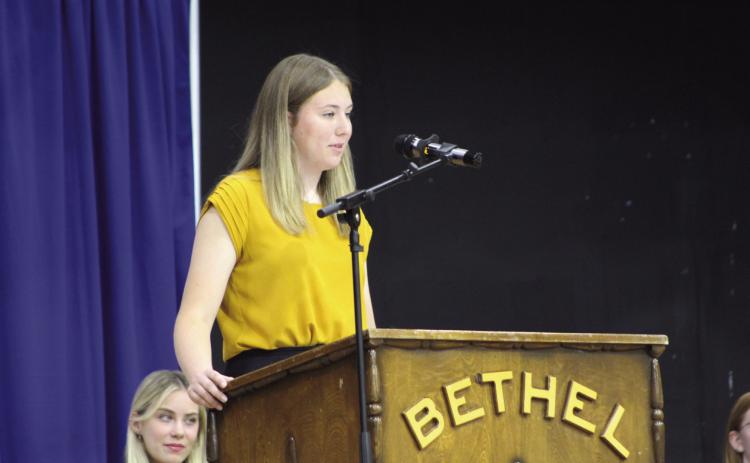 Bethel senior and daughter of a veteran, Cadence Treece, speaks during Bethel High School’s Veterans Day Program on Nov. 11 in the Old Gym. Countywide &amp; Sun/Natasha Dunagan