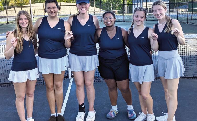 Shawnee High School Girls Tennis Team members pictured from left: Junior 2 doubles Bella Koepke 4th place; Junior 2 doubles Lexy Canaday 4th place; Senior 2 singles Allison Holter 6th place; Senior 1 singles Olivia Stevenson 6th place; Senior 1 Doubles Mia Jennings 4th place; and Senior 1 doubles Anna Jordan 4th place. Photo provided