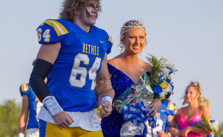 Bethel Fall Homecoming Queen Kloee Nichols is escorted by senior Alex Tollett after being crowned during ceremonies on Sept. 16. Photo provided by Richelle Treece.