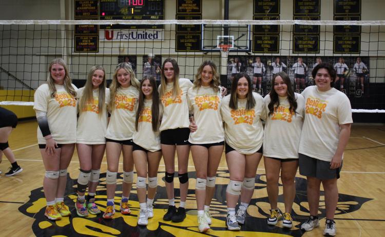 The Tecumseh Volleyball Lady Savages celebrated their seniors on Sept. 29 before their game with NW Classen. They are, from left, Piper Goodson, Koree Thompson, Koree Thompson, Audrey Moles, Scotlynn Wingo, Brooklynn Nixon, Chloe Kelsey, Hannah Seikel, and managers, Jaycee Barham and Brody Miller. Countywide & Sun/Natasha Dunagan