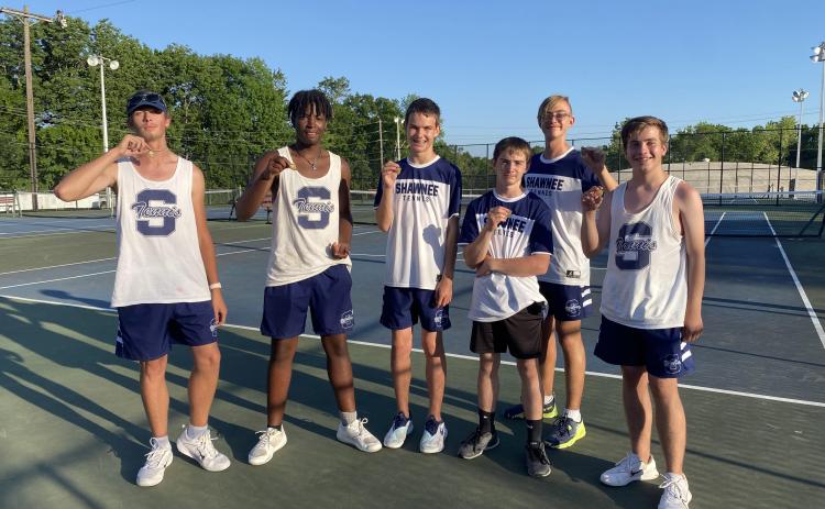 The Shawnee Boys Tennis Team competed in the Regional Competition held at Ada High School on May 8. Shown, from left, are Austin Yates, Kelon Chandler, Hagen Wells, Benji Cole, Carter Schollenbarger and Bryce Comstock with their medals. Photo provided.