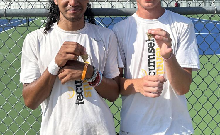 Tecumseh #1 Doubles Team Taekwan Krush and Jaxon Kuhn, shown, placed fourth at the Regional Competition at Henryetta High School on May 8 and qualified for the State Competition. The #2 Doubles Team of Brodey Bone and Aaron Sack, #1 Singles Jessy Thoma, and #2 Singles Noah Henson all placed fifth at regionals. Photo provided.