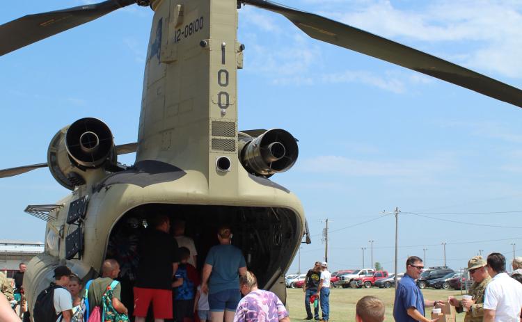 People of all ages enjoyed touring the Chinook Cargo Helicopter (CH47) F Model during Cops N’ Kids at the Heart of Oklahoma Expo Center on Aug. 26. Flown by U.S. Army Chief Warrant Officer 5 Mike McGill with the help of Flight Engineer First Sgt. Robert Calvert, the helicopter traveled from Lexington, OK, and tried to get to the event early so it wouldn’t cause havoc. The CH47 was the Cops N’ Kids Mystery Display this year. Countywide & Sun/Natasha Dunagan