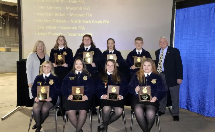 This year's recipients of the Gordon Richards, Sr. Achievement Award sponsored by the Clinic Pharmacy are seated from left to right, Berklee Gossen, North Rock Creek, Morley Griffith, Dale, Maci Flowers, Tecumseh and Madison Bickel, McLoud. Standing left to right are, Jamie Barrick, of The Clinic Pharmacy, Eva Web, Shawnee, Colton Ingersoll, Bethel, Kurstin Kuhlman, Asher, Tyler Denney, Macomb and Gordon Richards, Jr., who helps sponsor the award. File photo.