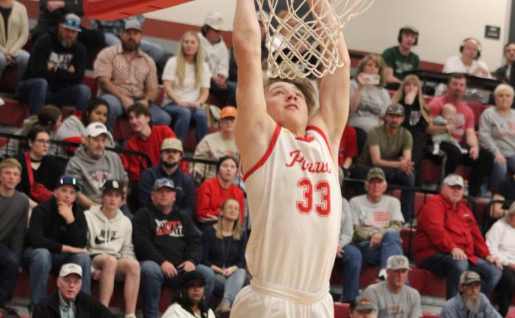 Dale senior Dayton Forsythe grabs the rebound and slam dunks it during their last regular season home game, with Vanoss on Feb. 6. The Pirates won, 68-35, and have a record of 22-2. Countywide & Sun/Natasha Dunagan