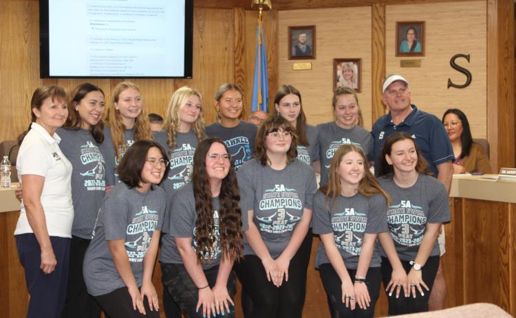 The Shawnee High School Girls Swim Team was recognized during the Shawnee Public Schools Board of Education March 4 meeting for winning at the State Championship Swim Meet for the third year in a row, even without the YMCA pool for practice this year.