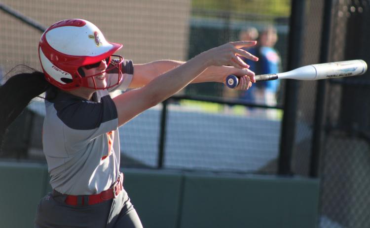 Dale’s Karsen Griggs sends the ball flying during the Dale Slowpitch Festival game against Choctaw on April 11 at FireLake Ball Fields. The Lady Pirates lost that game, 2-11, but they won with Union, 15-0, earlier that day, and they beat Binger-Oney, 11-2, on April 12. Countywide & Sun/Natasha Dunagan