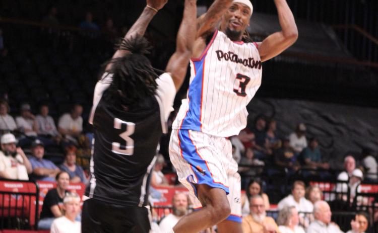 Potawatomi Fire Forward Ricky Artis II makes a jump shot in the second game of the Central Conference Semifinals against the Wichita Skykings, June 1 at FireLake Arena. Artis "tied the Fire record for most field goals without a miss (8-8)," according to potawatomifire.com. The Fire continues their winning streak of 20 games in the regular season and both games in the Semifinals. They will play in the Finals, possibly beginning today (June 6). Countywide & Sun/Natasha Dunagan