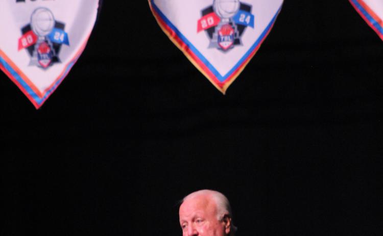 Under the Potawatomi Fire’s championship banners, Citizen Potawatomi Nation Chairman John “Rocky” Barrett speaks during the 2024 TBL Championship Banquet & Ring Ceremony at FireLake Arena on Jan. 17. The Fire were the first TBL (The Basketball League) team to be owned by a Native American tribe in 2022, and they have won the national championship for two years in a row. Countywide & Sun/Natasha Dunagan