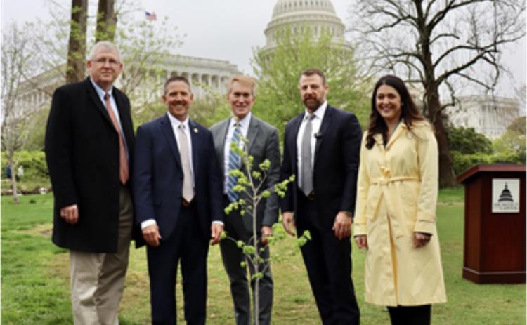 Representative Stephanie Bice and Senator James Lankford hosted a Commemorative Survivor Tree Dedication Ceremony on the United States Capitol Grounds, Apr. 7, 2025 in commemoration of the 30th anniversary of the Oklahoma City bombing. Pictured from left are Rep. Frank Lucas, Rep. Josh Brecheen, Sen. Lankford, Sen. Markwayne Mullin, and Rep. Bice. Photo provided by the office of Rep. Bice