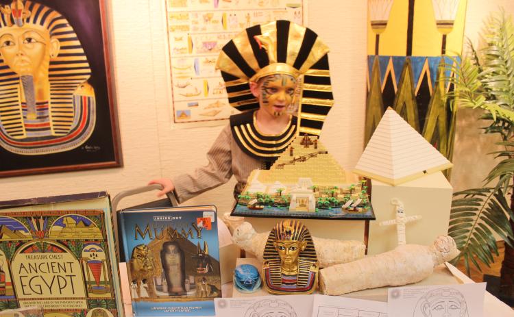 "Future Egyptologist" Patrick Newpower, age 8, speaks about the Egyptian pyramids during the Fifth Annual Mummy Day, Nov. 8, at the Mabee-Gerrer Museum of Art in Shawnee. Photos by Natasha Dunagan, Countywide & Sun