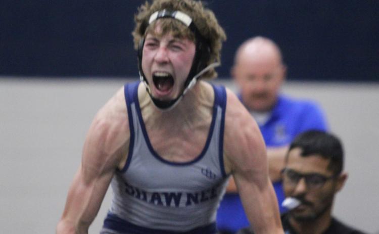 Shawnee's Stetson Tucker yells his excitement after winning his match in the 132 weight class during the Shawnee High School Boys Dual against Newcastle on Dec. 2. Shawnee won the meet, 46-36. Natasha Dunagan, Countywide & Sun