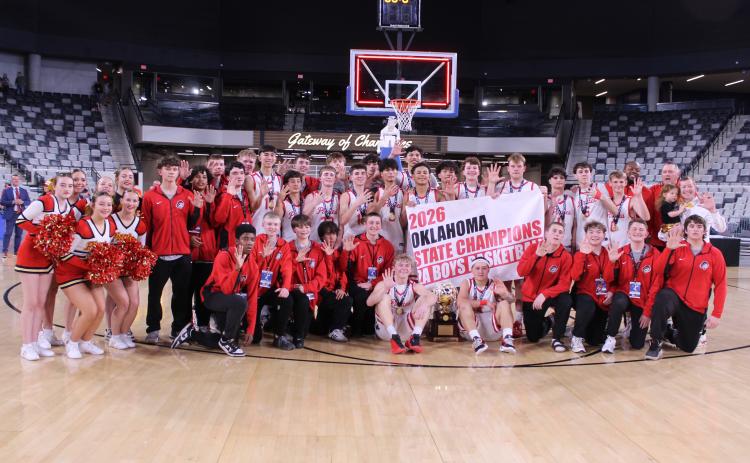 The Dale Pirates Basketball Team, Cheerleaders, Head Coach Fletcher Reed, Assistant Coach Oliver Willis and Assistant Coach Josh Forsythe pose after winning their fifth straight Class 2A State Championship at the OG&E Coliseum on Mar. 14. See the story and more photos under Sports tab, or click on the camera banner below to see all of our photos from the game! Natasha Dunagan, Countywide & Sun