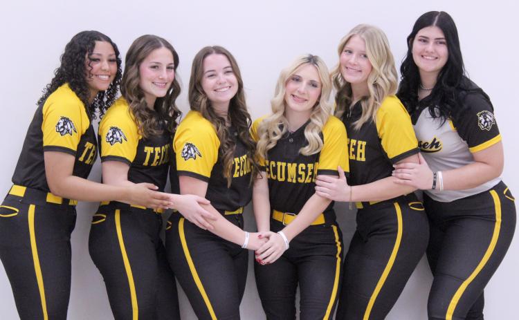 Seniors on the Tecumseh High School Slow Pitch Softball Team pose during their first Media Day on Feb. 7. Shown, from left, are Kabrei Simpson, Cadence Leba, Maggie Wilson, Blakelee Parker, Steeli Michell and Tylee Brock. The Lady Savages will have their first home game against Seminole on March 9.