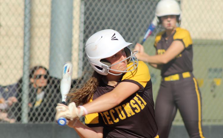 Tecumseh senior Cadence Leba swings for a single during the first inning of the home game against McLoud on April 7. Natasha Dunagan, Countywide & Sun