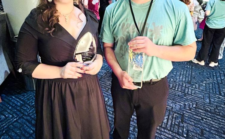 North Rock Creek's Alexis Martin and Cooper Lincoln pose with their Kelli O'Hara awards on May 29 at the Civic Center Music Hall.