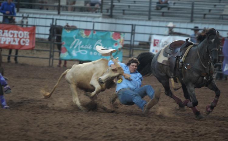 Dally Trussell of McLoud got his steer wrestled in 6.6 seconds during the IFYR championship round on the evening of July 17. Trussell took seventh place in the the event.