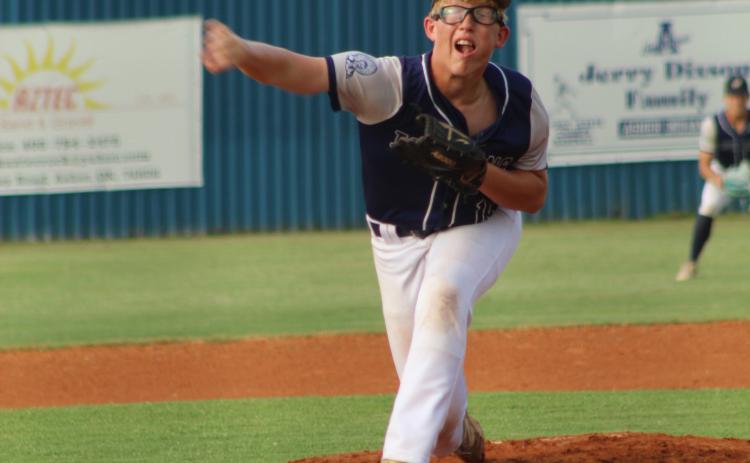 Asher sophomore Blake Francis puts a twist on his pitch during the second inning of the Aug. 25 home game against Kiowa.