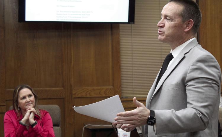 Oklahoma State School Boards Association Executive Director Shawn Hime, Ph.D., addresses the Shawnee Board of Education, as Assistant Superintendent of Personnel Dr. Teresa Wilkerson listens, during the meeting on Feb. 6. Countywide &amp; Sun/Natasha Dunagan