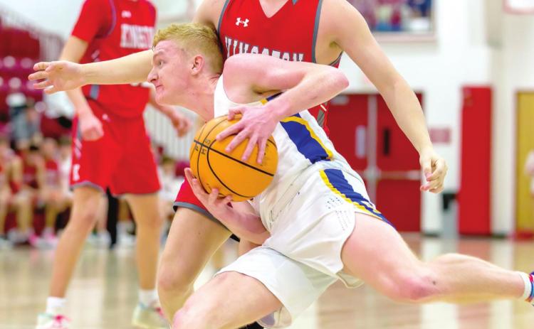 Bethel senior Jace Stewart dodges in front of a Kingston player during the Class 3A Regional game at Prague on March 1. The Bethel Wildcats won that game, 51-48. Photo provided by Richelle Treece.