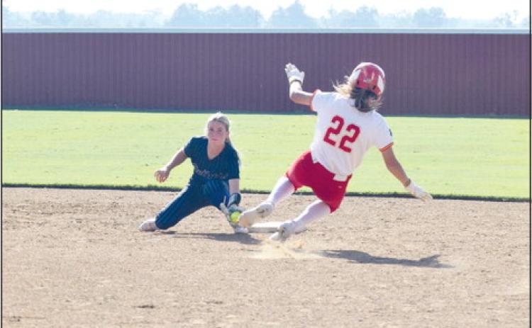 Taylor Boles gets the out at 2nd as Gracee Waller tries to slide in. Countywide &amp; Sun/Julie Talton