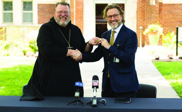 The Rt. Rev. Lawrence Stasyszen, O.S.B., Abbot of St. Gregory’s Abbey, left, and Oklahoma Baptist University President Dr. Heath Thomas announced a property exchange to transfer the 74-acre OBU Green Campus, formerly St. Gregory’s University, to the Abbey in exchange for two parcels of land for future develop-