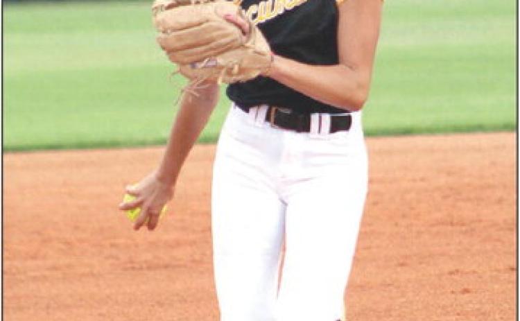 Tecumseh’s Serenity Jacoway winds up to throw it across home during the second inning of the game against Blanchard on Aug. 8. Countywide &amp; Sun/Natasha Dunagan