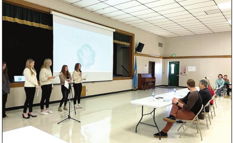Members of the girls Shark Tank team (from left) Faith Henson 8th grade, Brooklyn Terney 7th grade, Kinley Patten 7th grade, Amber Jones 7th grade and Meagan Bingham 8th grade, presented their idea to a board of local business people during the third semester Shark Tank. Photo provided