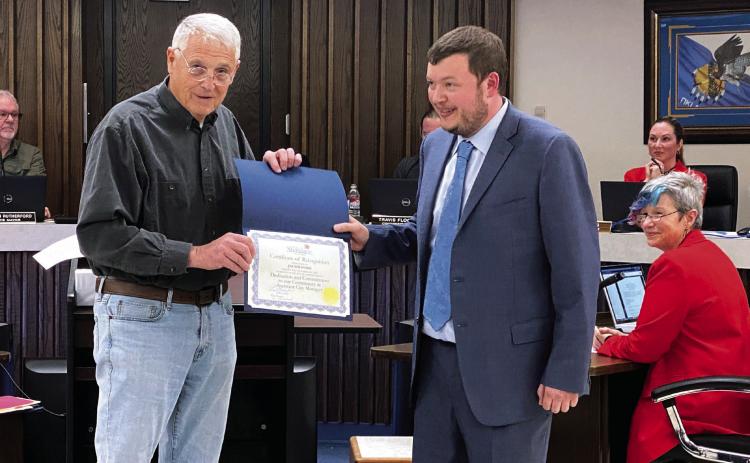 Shawnee Mayor Ed Bolt says thank you to Assistant City Manager Jacob Foos for always being willing to find the solutions. Countywide &amp; Sun/Suzie Campbell
