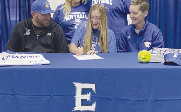 Bethel Senior, Brooklyn Duff, signs a Letter of Intent to play softball for Eastern Oklahoma State College. Smiling around her are: Eastern State Assistant Head Coach, Anthony Whisenhunt; Parents, Raven and Patrick Duff; and Bethel Softball Coach, Tara Satterfield. Duff was also just named to the Oklahoma Fast-Pitch Coaches Asociation All-State team that will be playing next June. Countywide & Sun/ Julie Talton