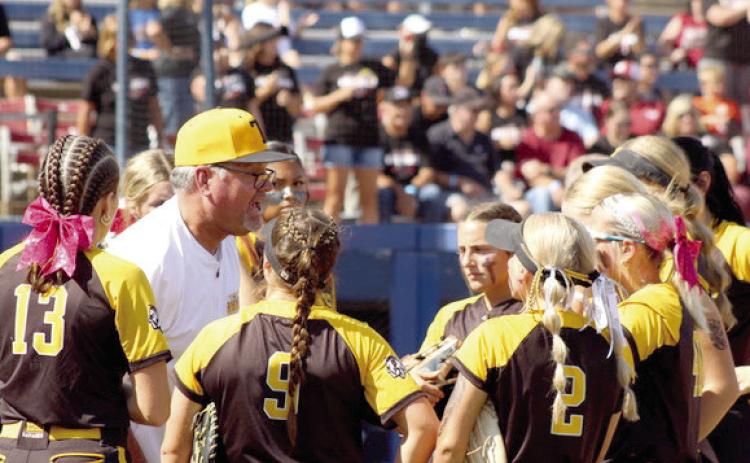 Coach Trahan fires up the Lady Savages during the 2025 Quarterfinals Photo by Natasha Dunagan