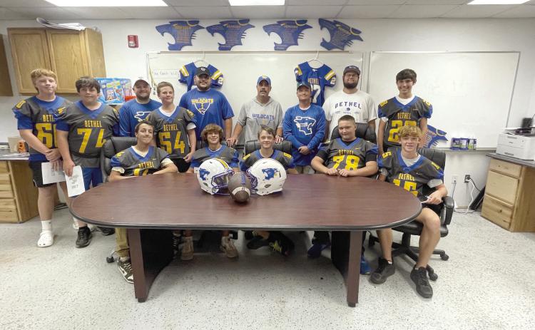 Pictured L-R Bottom Row Jaxson Wood, Maddox Davis, Hunter Brooks, Jasper Hays, Stonie Holliday Top Row L-R Isaac Stinnett, Petey Weinacht, Coach Zimmerman, Nolan Melson, Coach Larney, Coach Ginn, Coach Blizzard, Coach Colvin, and Matthew Hartmann. Photo provided