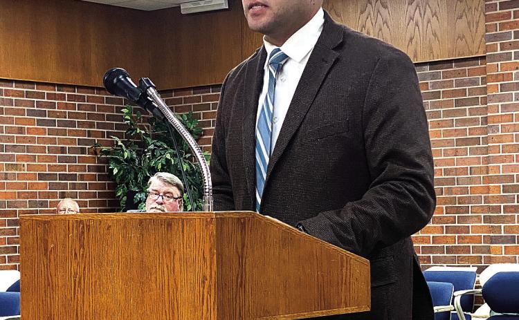 Daniel McClure speaks to the council about his desire to fill the position of City Attorney. Counywide &amp; Sun/Julie Talton