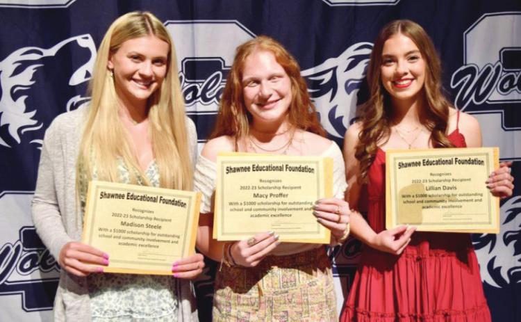 Seniors Madison Steele (from left), Macy Proffer and Lillian Davis received scholarships from the Shawnee Educational Foundation. Photo provided by Shawnee Public Schools