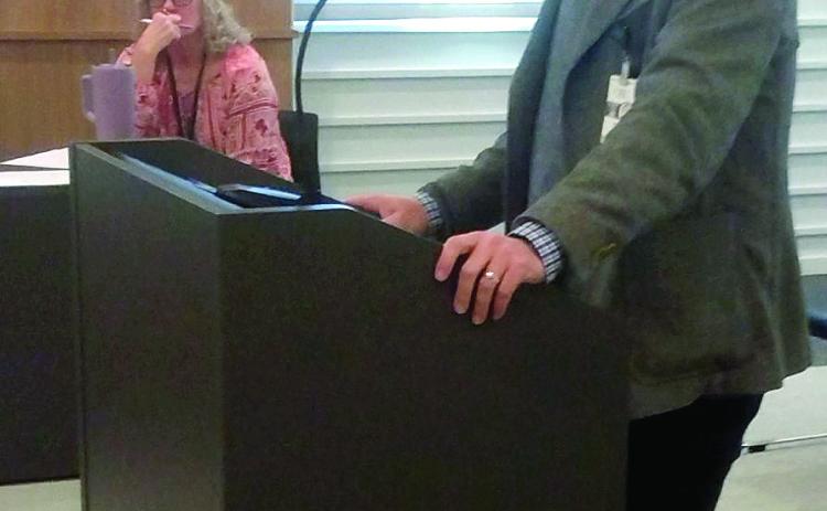 Oklahoma Baptist University President Dr. Heath Thomas addresses the Pottawatomie County Board of County Commissioners, requesting funds for the a new engineering program at OBU. Countywide &amp; Sun/ Bill Rooth