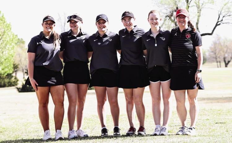 The North Rock Creek Lady Cougars Golf team finished third at the North Canadian River Valley Conference Tournament held at the Elks Club Saturday, Mar. 30. Photo courtesy of Gowin Photography