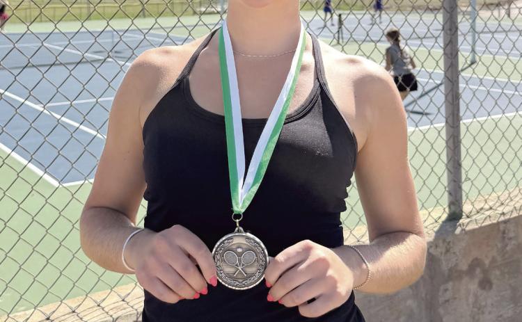 At the Seminole Tennis Tournament on April 6, the Lady Savages tennis team placed third. Kyann Sells, shown, placed second in #1 Singles, and Kylie Britt came in fourth in #2 Singles. In #1 Doubles, Kalyn Bartmess and Maggie Johnson received seventh place, and the #2 Doubles team of Hannah Tidwell and Savannah Wootten took fourth place. Photos provided by Coach Jennifer McKnight