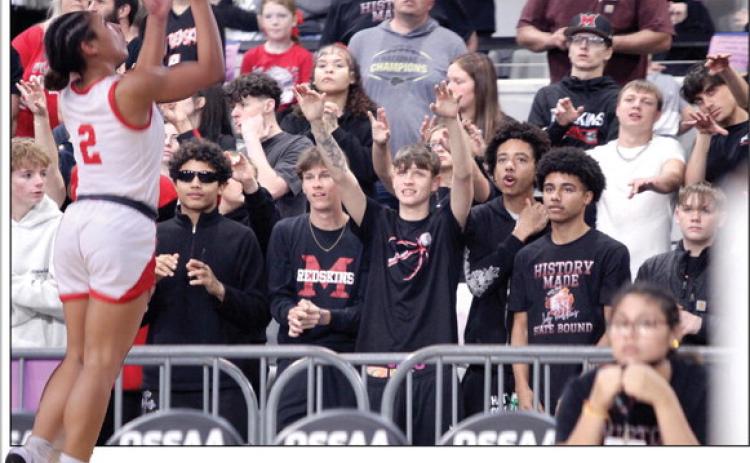 The Lady Redskins made their first appearance in the State Basketball Tournament in school history, cheered on by the McLoud Student Section. McLoud junior Claire Mapira sinks her shot during the Class 4A State Quarterfinal game against Harrah, at the OG&E Coliseum in OKC on March 10. The Lady Redskins won, 44-30, and advance to the Semifinals today (March 12) at 6 pm in Yukon. Look under "Sports" to find more photos, or click on the camera banner to see them all. Photos by Natasha Dunagan, Countywide & Sun