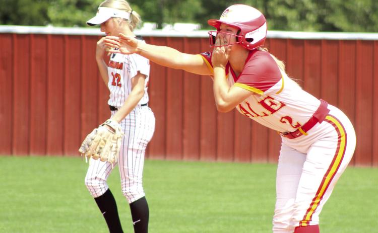 Dale junior Kinley Patten celebrates with her team after hitting a double in the Class 4A Regional Slow Pitch Tournament game against Mangum, held at McLoud on April 28. The Lady Pirates won that game, 16-0, and against Panama, 15-9. They played in the State Tournament on May 5 at FireLake Ball Fields and took home the gold. Photos and story available next week. Photos by Natasha Dunagan, Countywide & Sun