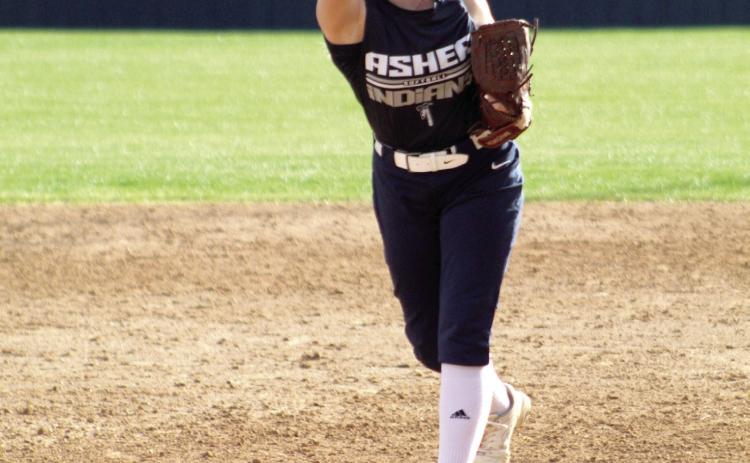 Asher freshman Preslee Taylor hurls the ball over home plate in the fifth inning of the home game with Varnum on March 31. The Lady Indians won, 4-2. Countywide & Sun/Natasha Dunagan