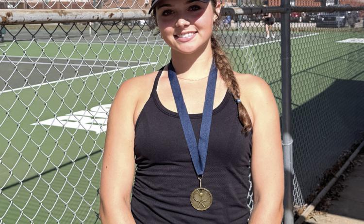 The Tecumseh High School Girls Tennis Team competed at the Shawnee Invitational on March 13. Senior Kyann Sells, shown, placed first in #1 Singles, and Anna Harvey came in seventh place in #2 Singles. Both the #1 Doubles team of Kalyn Bartmess and Maggie Johnson and the #2 Doubles team of Kylie Britt and Hannah Tidwell placed fourth. Tecumseh earned third place as a team. On March 9, Sells also placed second at the Ardmore Tennis Tournament. Photos provided by Jennifer McKnight